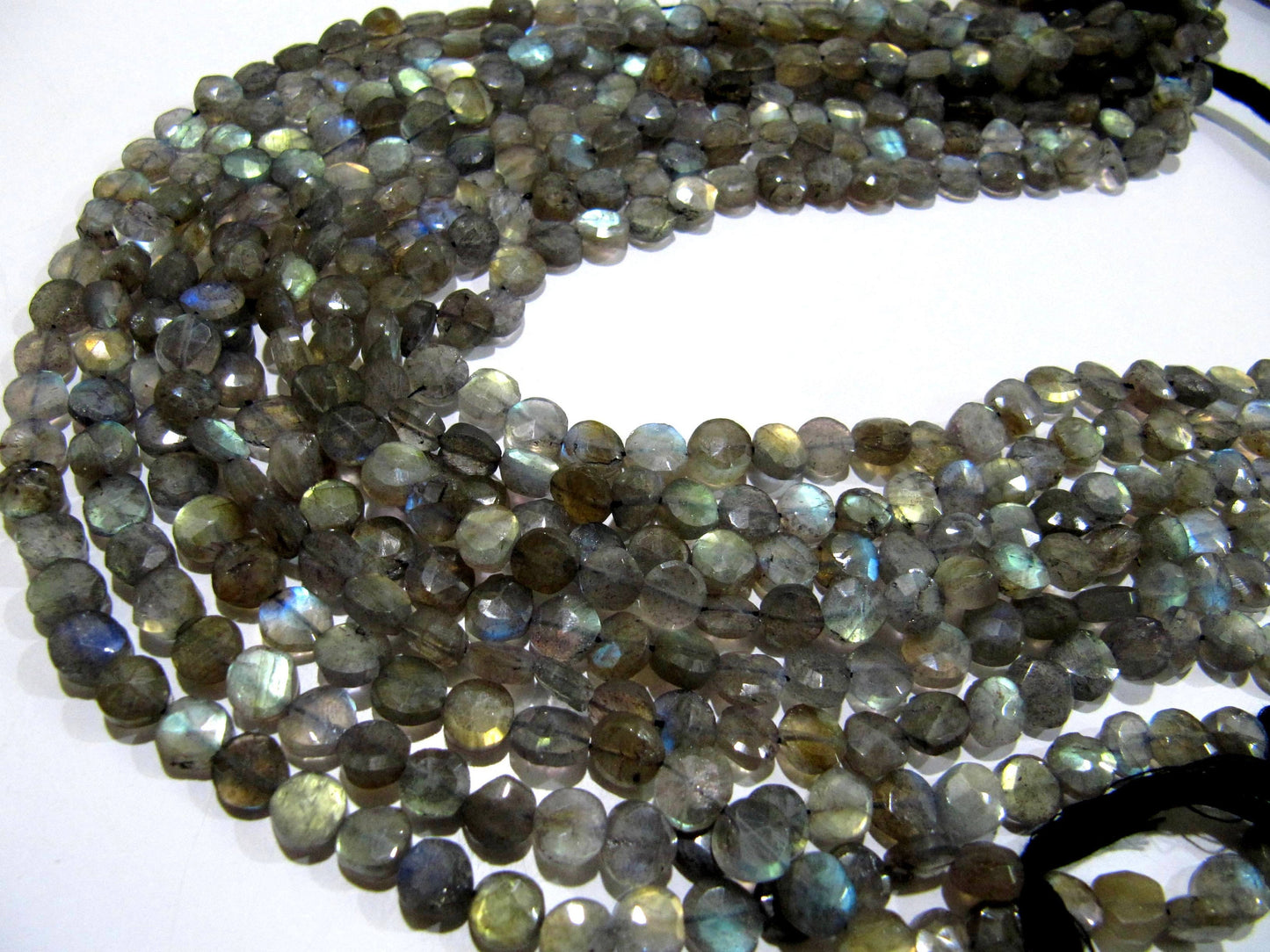 Natural Labradorite Coin Shape Briolette 7-8mm Beads Blue Flashy  Strands 13 inch Long Black Rainbow Jewelry Making Gemstone Beads