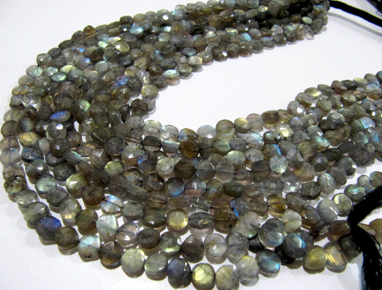 Natural Labradorite Coin Shape Briolette 7-8mm Beads Blue Flashy  Strands 13 inch Long Black Rainbow Jewelry Making Gemstone Beads