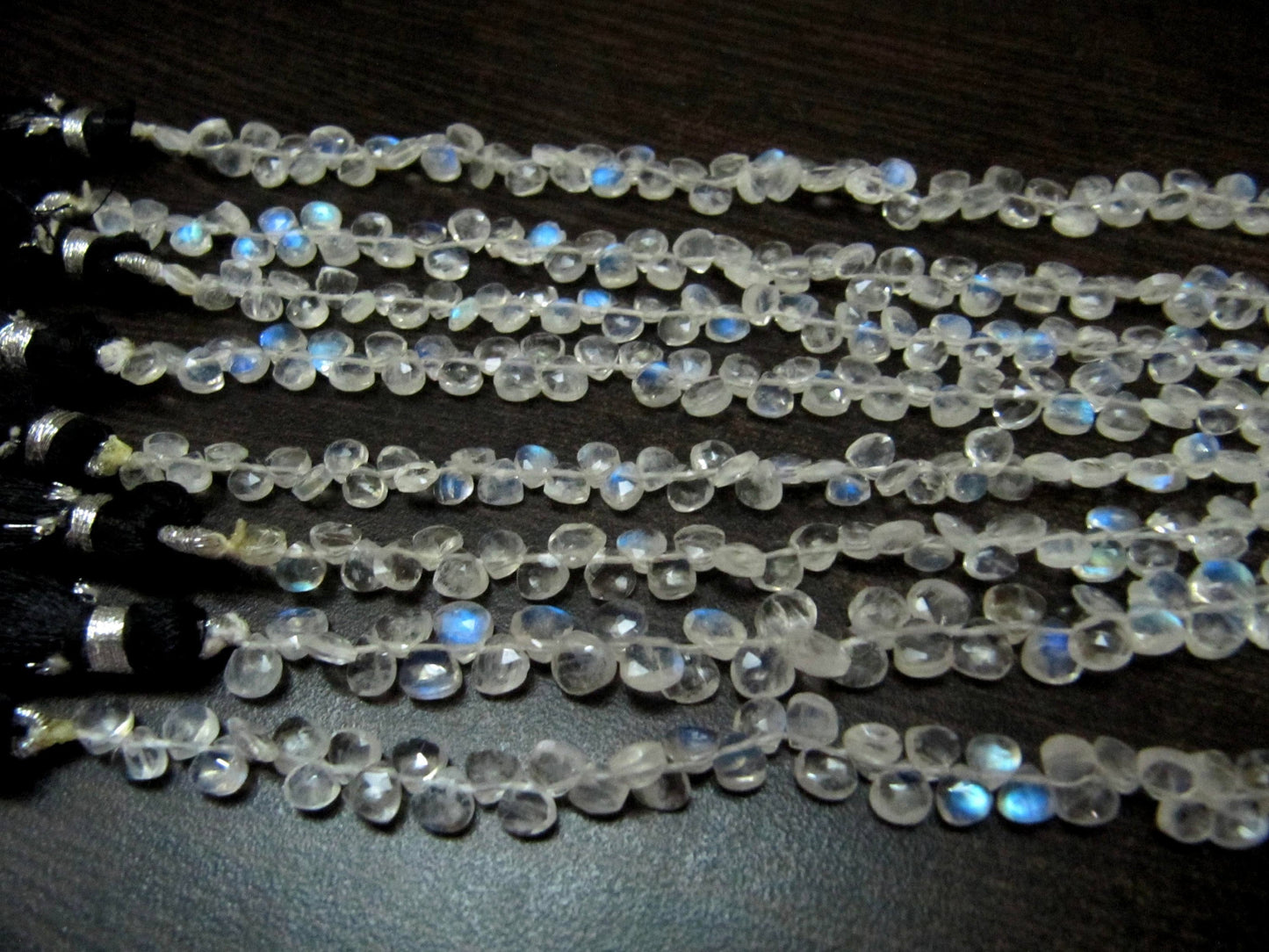 Natural White Rainbow Moonstone 4 to 8mm Heart shape Briolette Beads Strand 8 inches long High Quality Blue Flashy Beads Wholesale Prices