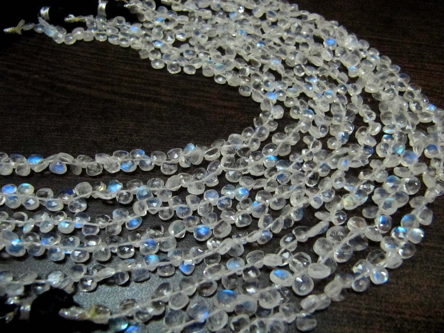 Natural White Rainbow Moonstone 4 to 8mm Heart shape Briolette Beads Strand 8 inches long High Quality Blue Flashy Beads Wholesale Prices