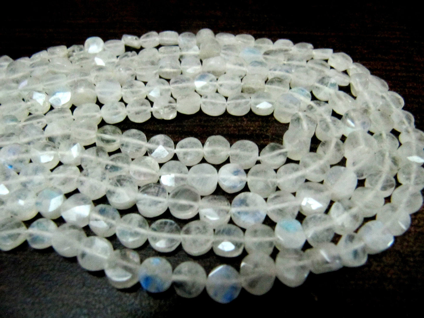 Natural White Rainbow Moonstone Coin shape Briolette Faceted Beads 5-6mm Strand 14 inch long High Quality Blue Flashy Beads Wholesale Prices