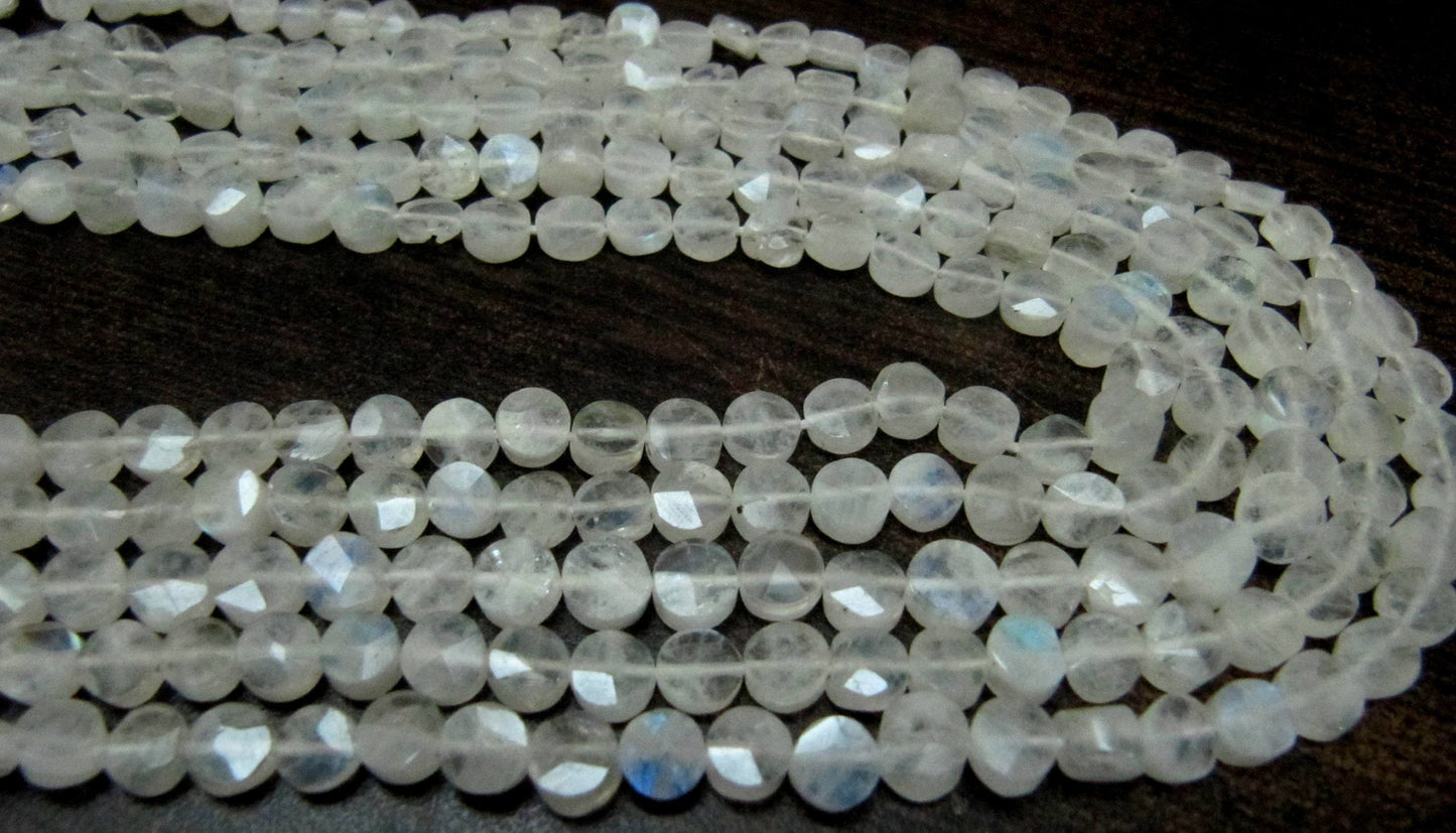 Natural White Rainbow Moonstone Coin shape Briolette Faceted Beads 5-6mm Strand 14 inch long High Quality Blue Flashy Beads Wholesale Prices
