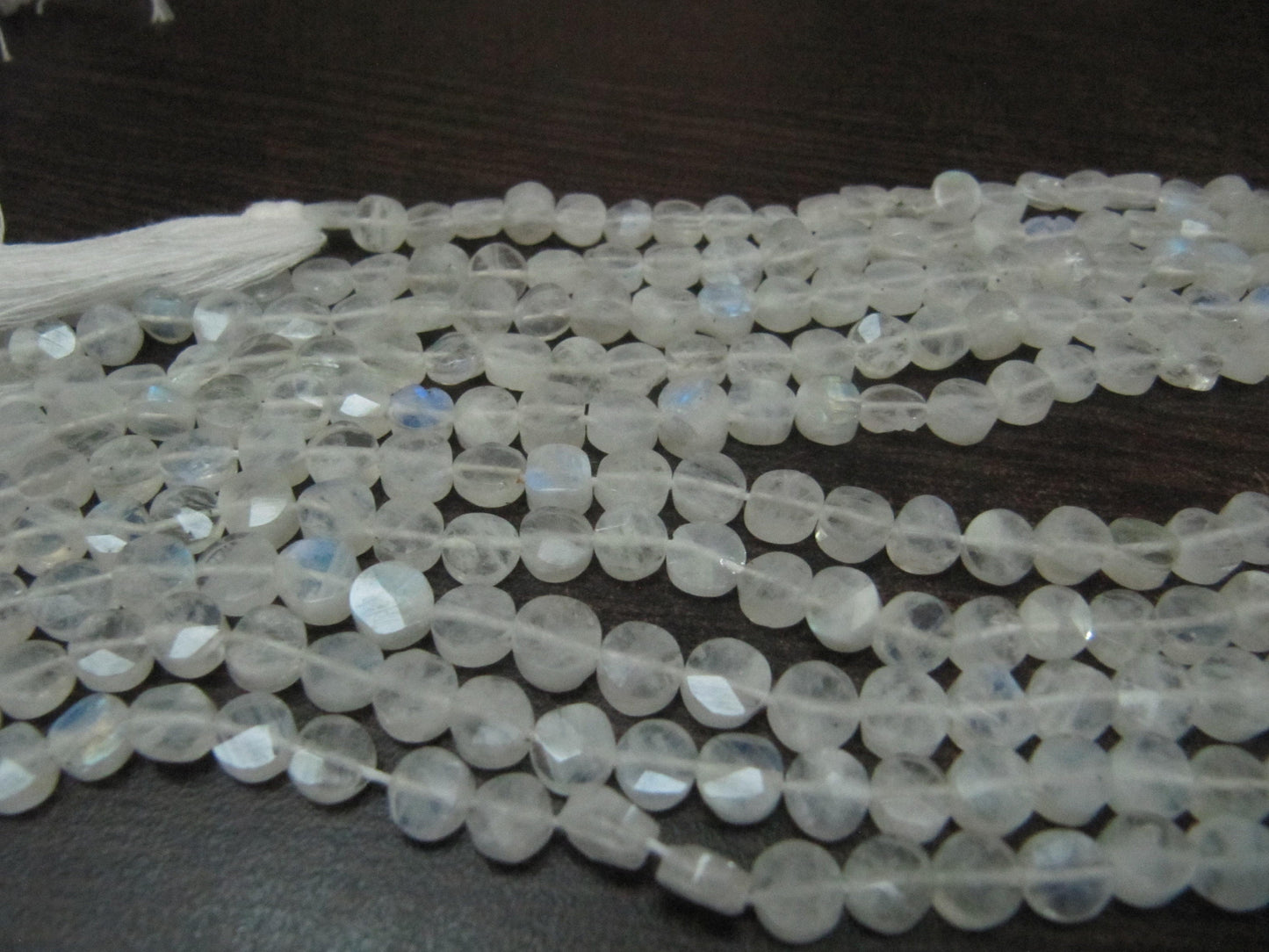Natural White Rainbow Moonstone Coin shape Briolette Faceted Beads 5-6mm Strand 14 inch long High Quality Blue Flashy Beads Wholesale Prices