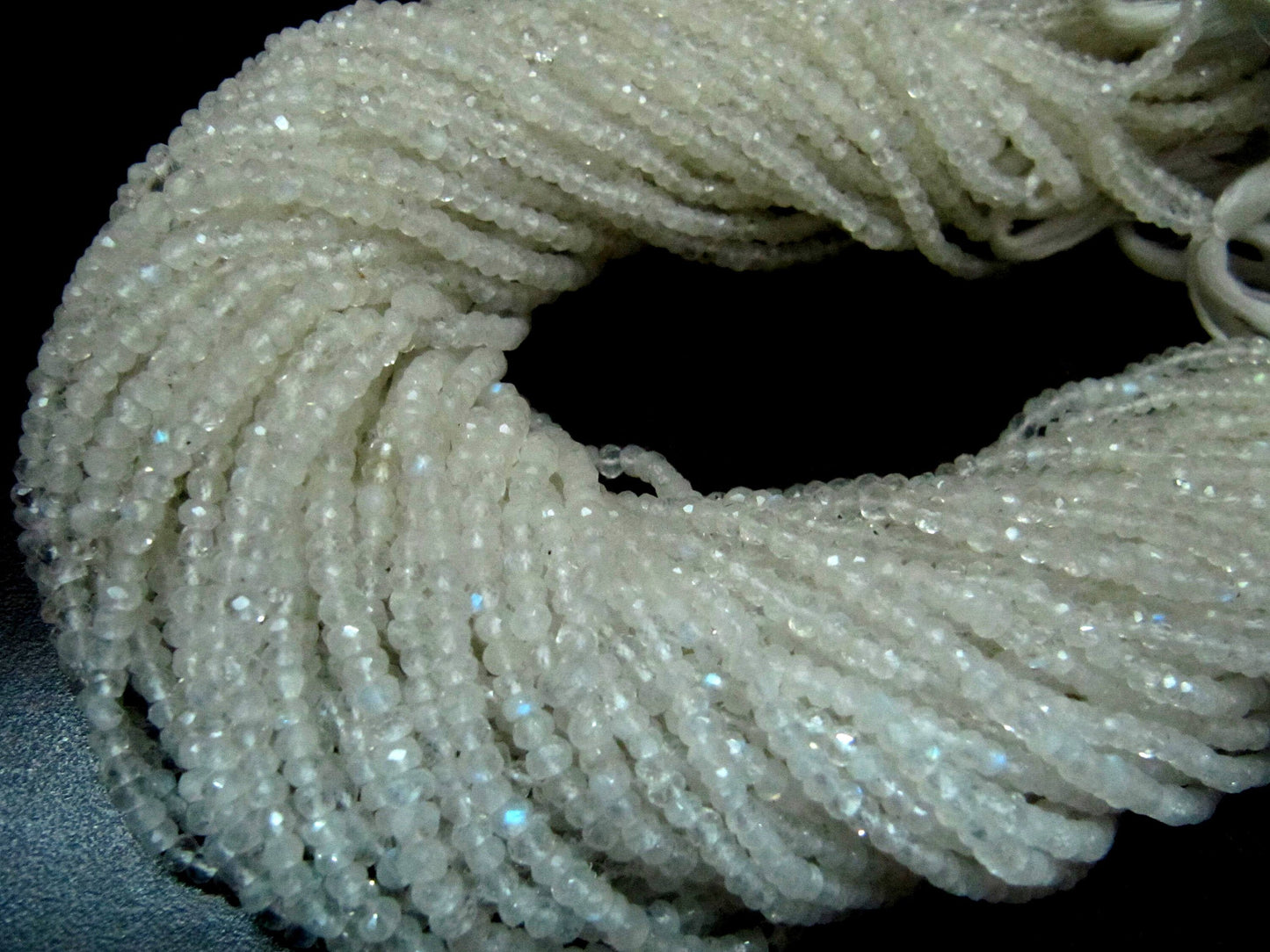 Natural white Rainbow Moonstone Rondelle Faceted Beads 3-4mm Strand 13 inches long High Quality Blue Flashy Beads Wholesale Prices