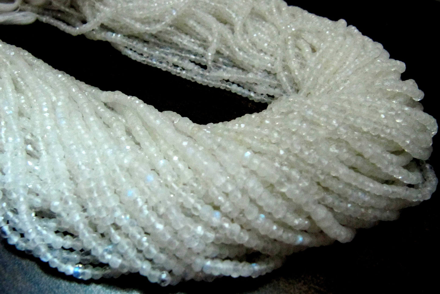 Natural white Rainbow Moonstone Rondelle Faceted Beads 3-4mm Strand 13 inches long High Quality Blue Flashy Beads Wholesale Prices