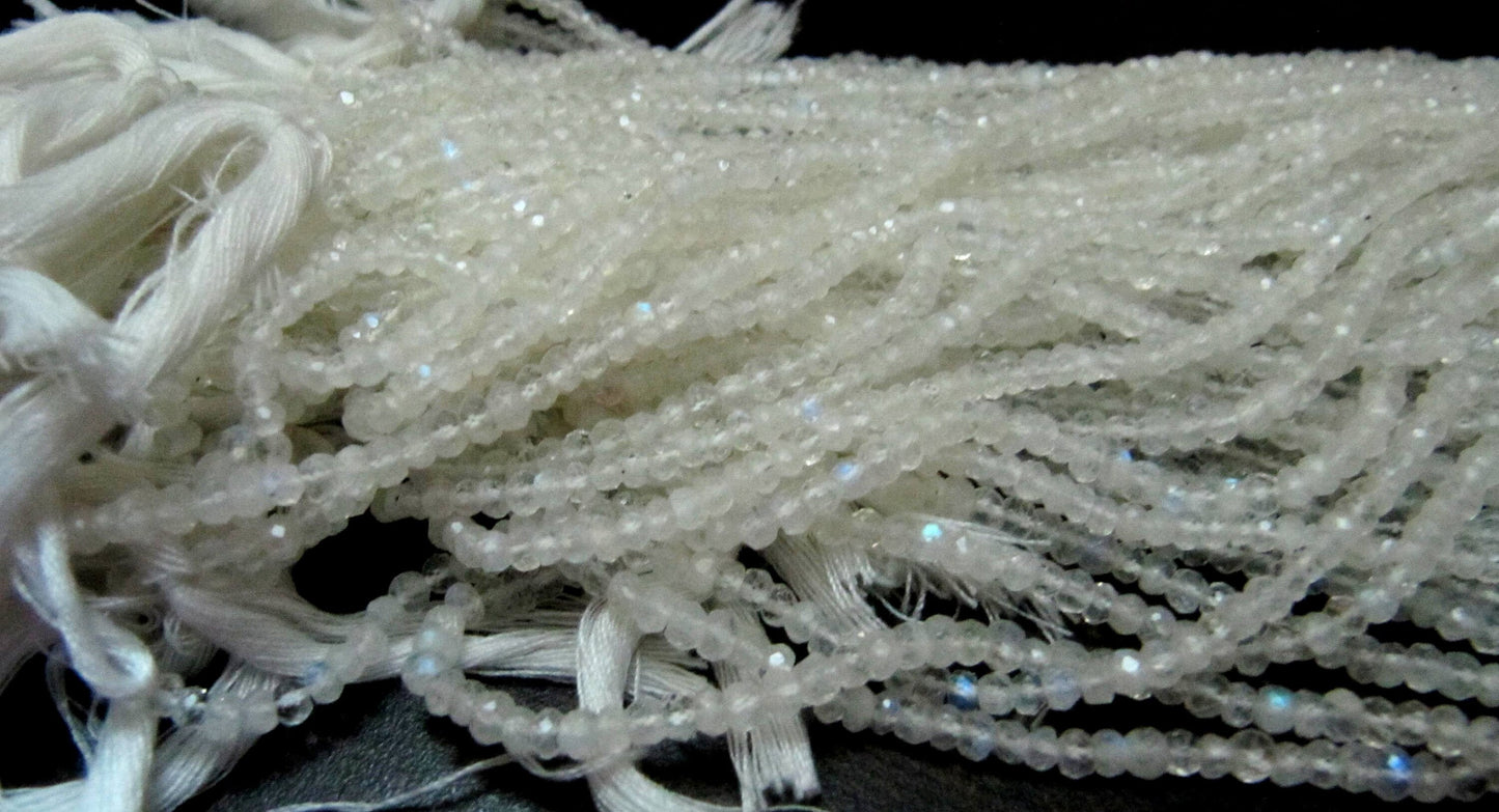Natural white Rainbow Moonstone Rondelle Faceted Beads 3-4mm Strand 13 inches long High Quality Blue Flashy Beads Wholesale Prices