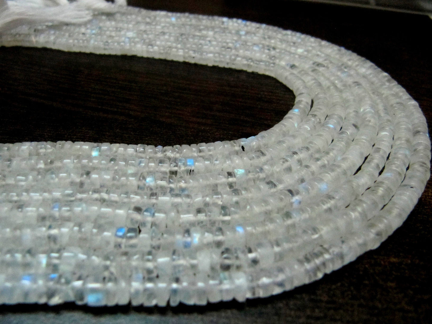 Natural White Rainbow Moonstone Tyre Shape Beads 3 to 5mm Strand 13 inches long High Quality Blue Flashy Beads Wholesale Prices