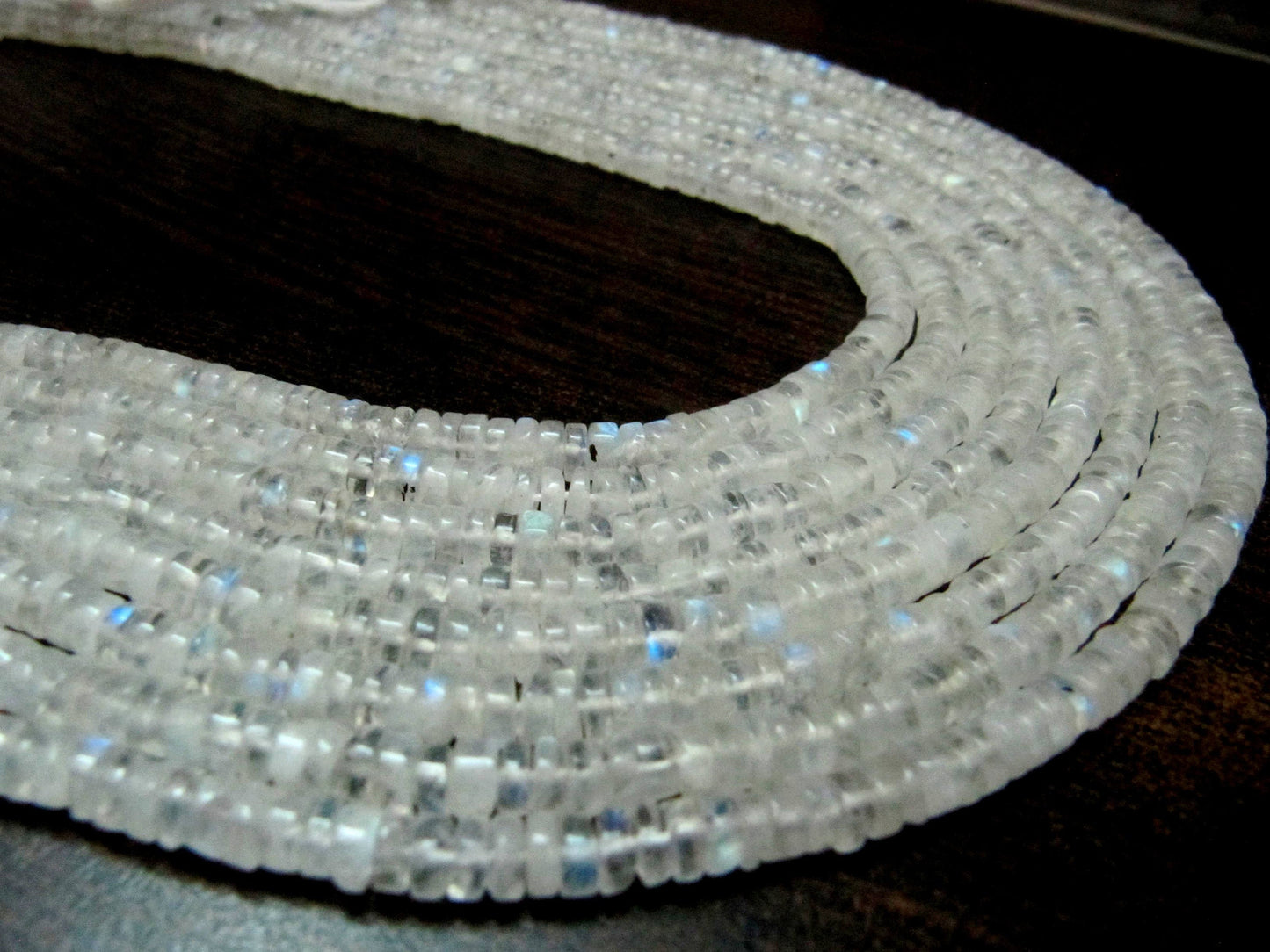 Natural White Rainbow Moonstone Tyre Shape Beads 3 to 5mm Strand 13 inches long High Quality Blue Flashy Beads Wholesale Prices
