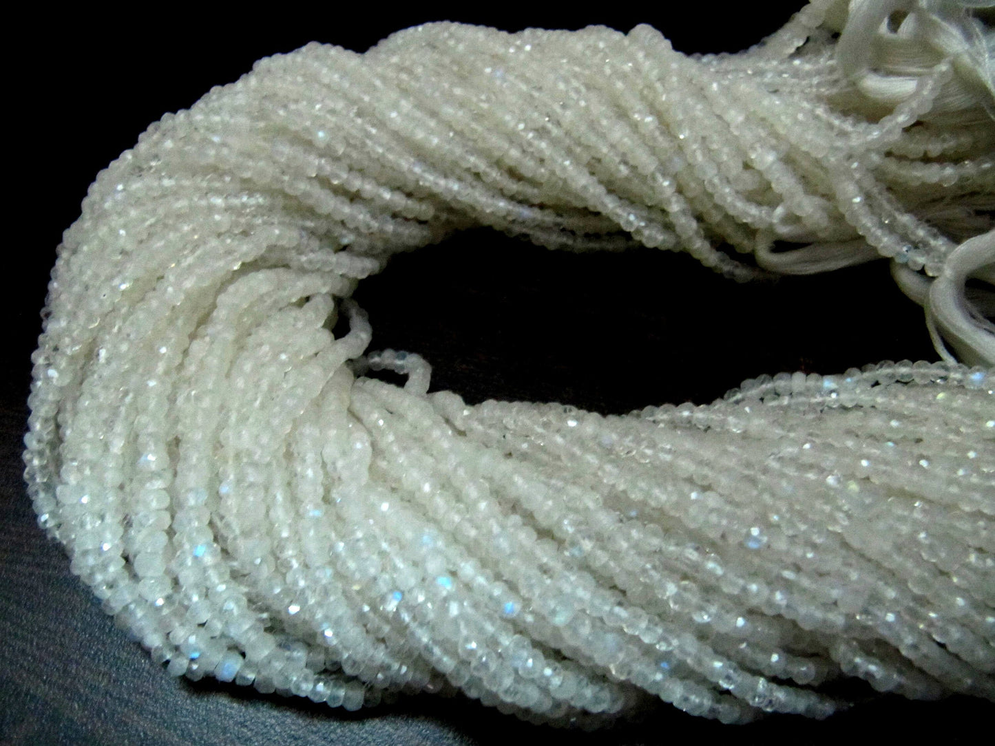 Natural White Rainbow Moonstone Rondelle Faceted Beads 3mm Strand 13 inches long High Quality Blue Flashy Beads Wholesale Prices