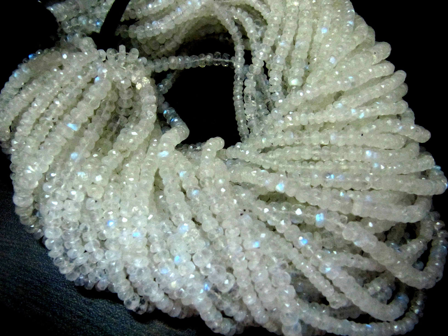 Natural White Rainbow Moonstone Rondelle Faceted Beads 3 to 6mm Strand 13 inches long Best Quality Blue Flashy Beads Wholesale Prices