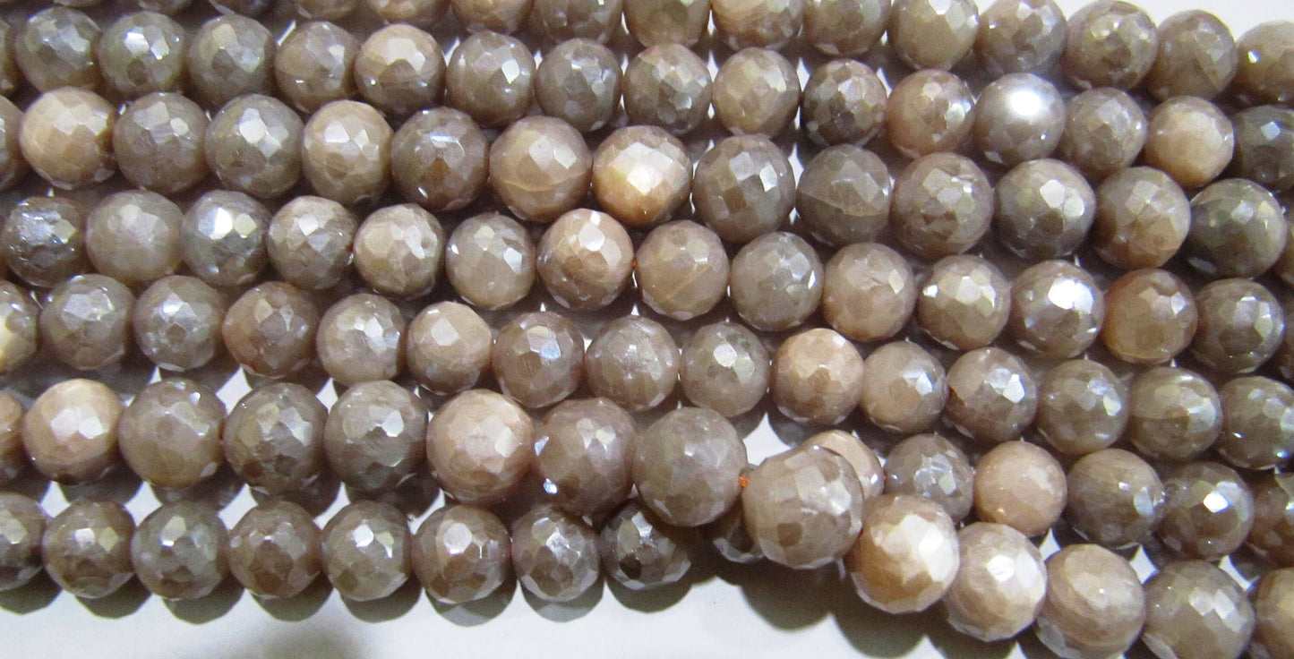 Natural Peach Moonstone Silver Mystic Coated  Round Faceted Beads 9-10mm Strand 10 inches long High Quality Beads Wholesale prices
