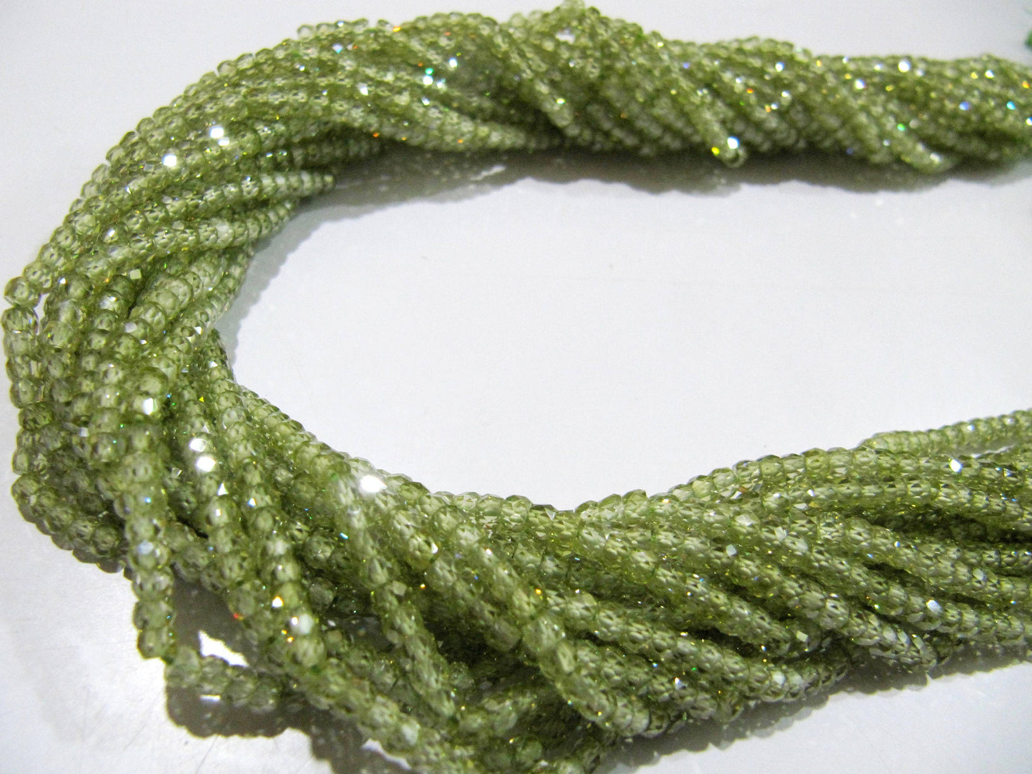 Natural Peridot color Cubic Zirconia CZ Rondelle Faceted Beads 3mm Strand 13 inch long Top Quality Wholesale prices Jewelry making gemstone