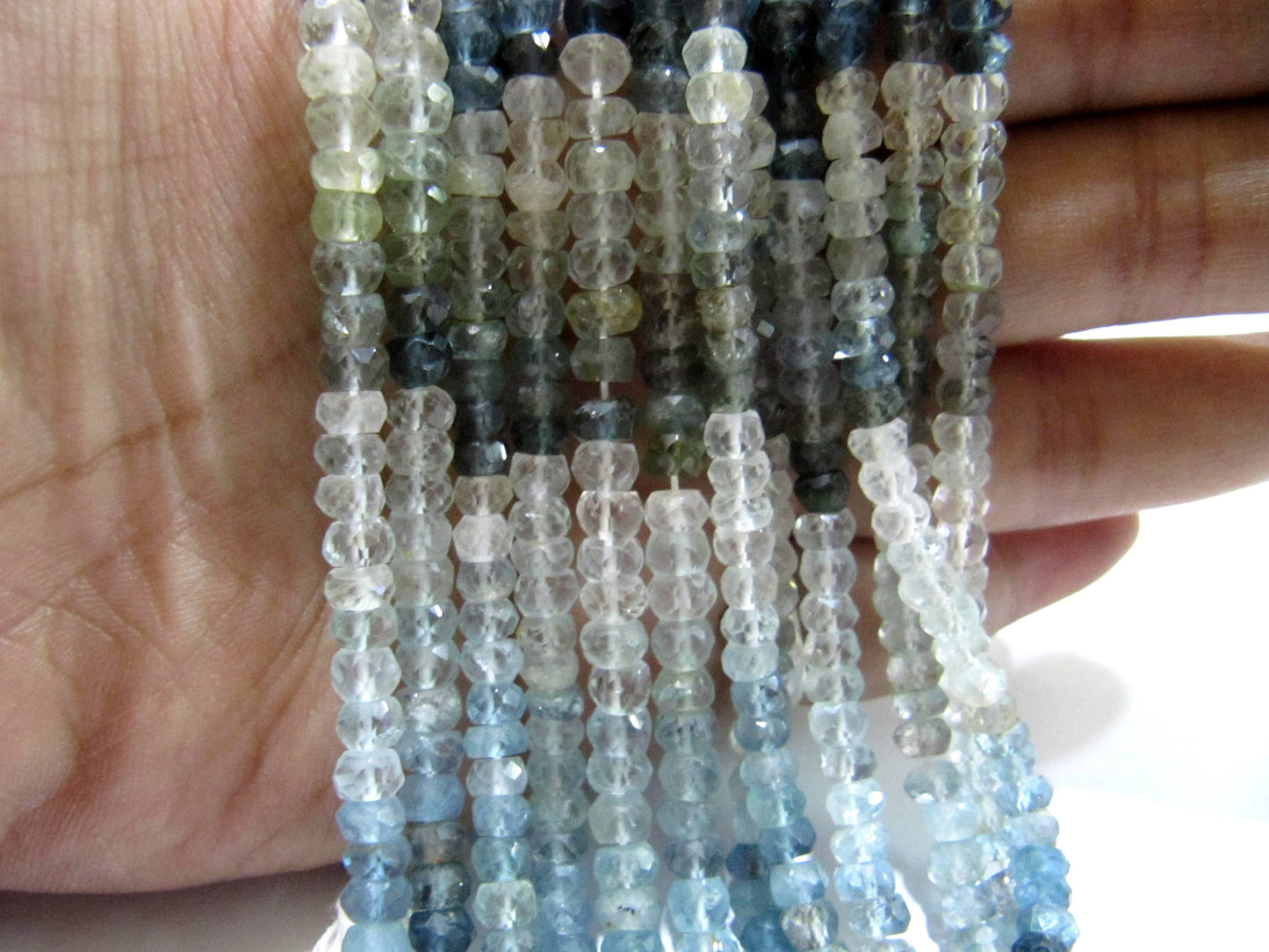 Natural Moss Aquamarine Rondelle Faceted Shaded 3 to 5mm Gemstone Beads Strand 13 inches long Top Quality Wholesale Prices real beads