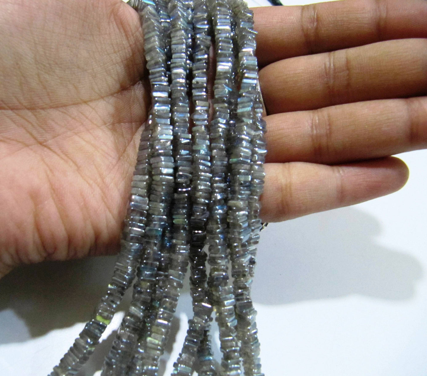 Natural Labradorite Heishi Cut Square Shape Beads 4mm Mystic Silver Coated Gemstone Beads Strand 8 inch Long