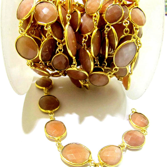 Natural Peach Moonstone Free Shape Briolette Bezel Connector Chain 15x20 mm Gold Plated Sold Per Foot High Quality Beads Wholesale prices