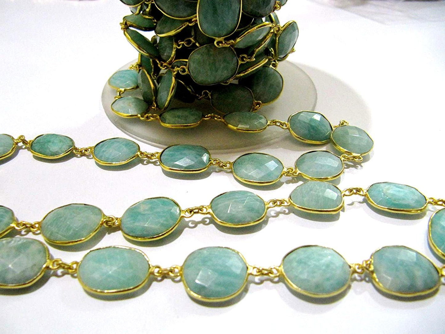 Natural Amazonite Free Shape Briolette Faceted Bezel Connector Chain 15 to 18mm Gold Plated Sold Per Foot High Quality Beads Wholesale price