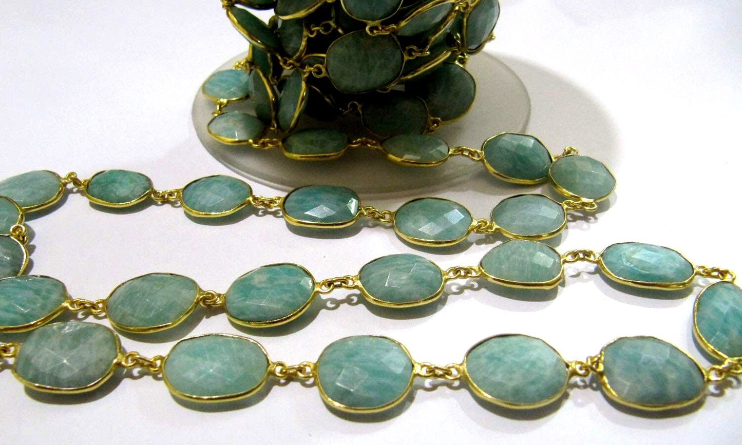 Natural Amazonite Free Shape Briolette Faceted Bezel Connector Chain 15 to 18mm Gold Plated Sold Per Foot High Quality Beads Wholesale price