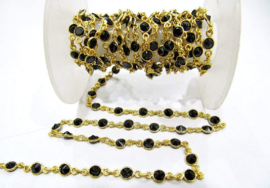 Natural Black CZ Briolette 4mm Round Stone Bezel Connector Chain  Sold Per Foot High Quality Wholesale price Jewelry making chain