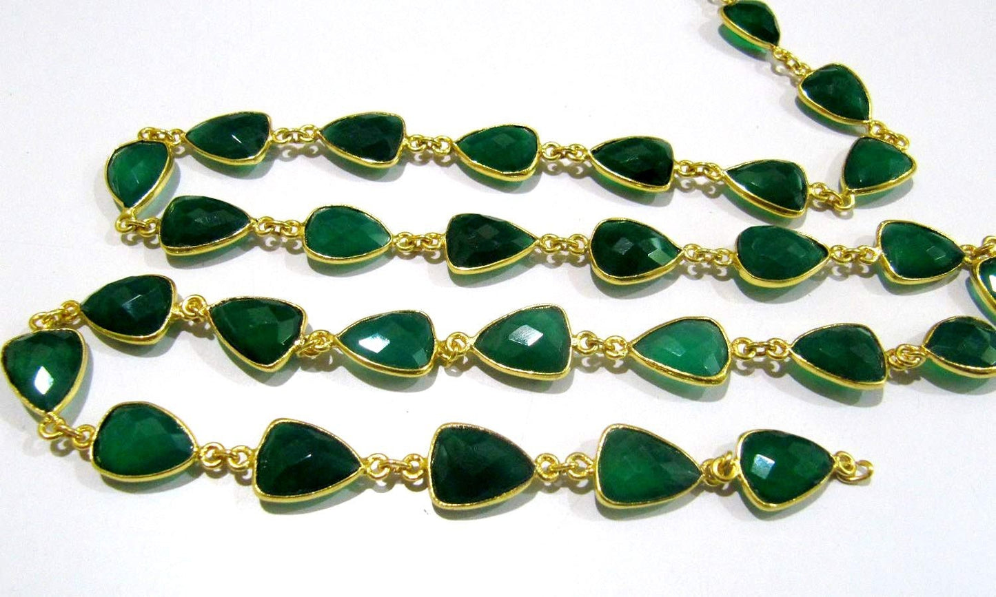 Natural Green Onyx Trillion Shape Briolette Faceted Bezel Connector Chain 10x13mm Gold Plated Sold Per Foot High QualityWholesale Price