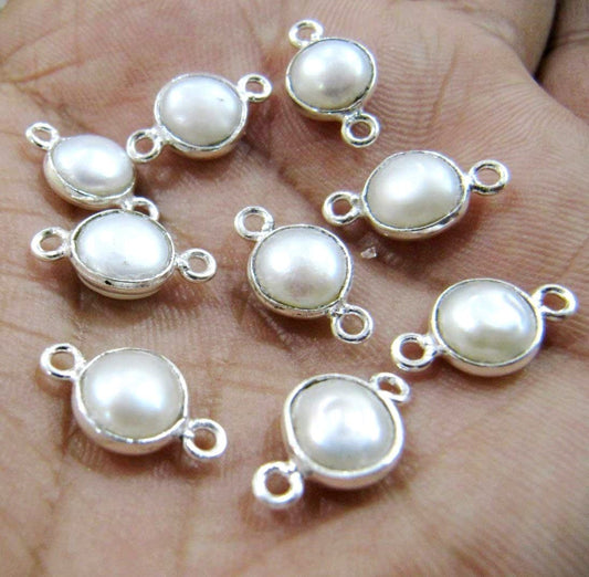 5 Pcs Set- Natural Pearl Coin Shape 8 mm Connectors , Silver Plated Double Loop Bezel ,Pearl Jewelry Round  Shape Cabochon