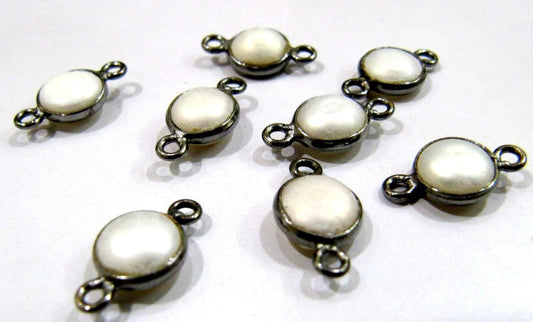 5 Pcs Set- Natural Pearl Coin Shape 8 mm Connectors , Black Plated Double Loop Bezel ,Pearl Jewelry Round  Shape Cabochon