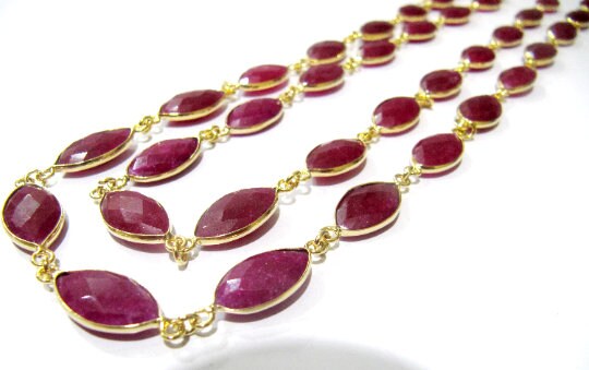 Ruby Marquise Shape Briolette Faceted Bezel Connector Chain 9x15mm Gold Plated Sold Per Foot High Quality Wholesale Prices