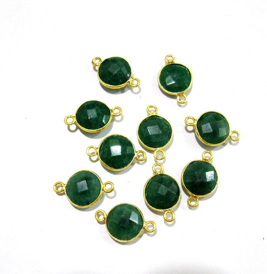 Set of 2 -Dyed Emerald Coin Shape Briolette Connectors , Gold Plated Double Loop Bezel , Emerald Jewelry Making charms Bezel Connectors