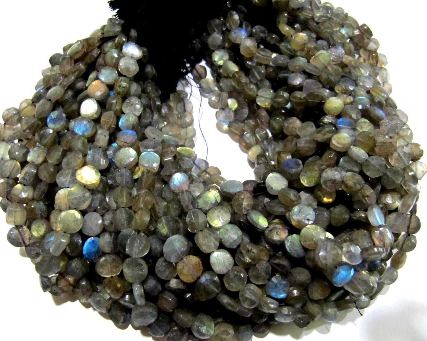 Natural Labradorite Coin Shape Briolette 7-8mm Beads Blue Flashy  Strands 13 inch Long Black Rainbow Jewelry Making Gemstone Beads