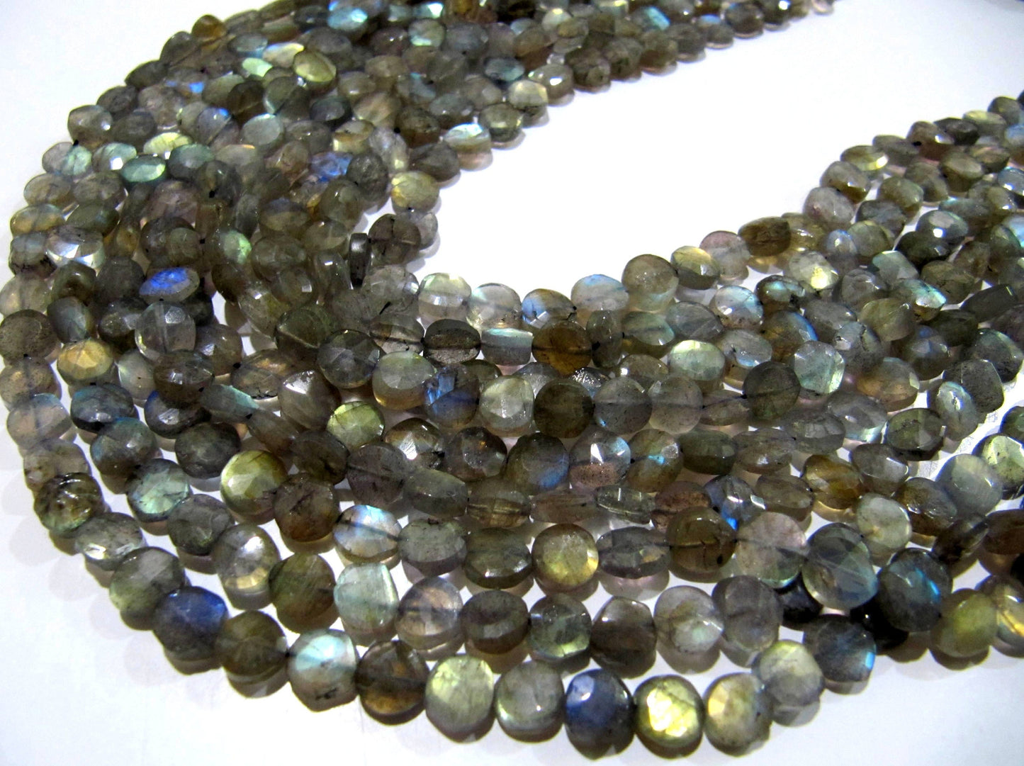 Natural Labradorite Coin Shape Briolette 7-8mm Beads Blue Flashy  Strands 13 inch Long Black Rainbow Jewelry Making Gemstone Beads