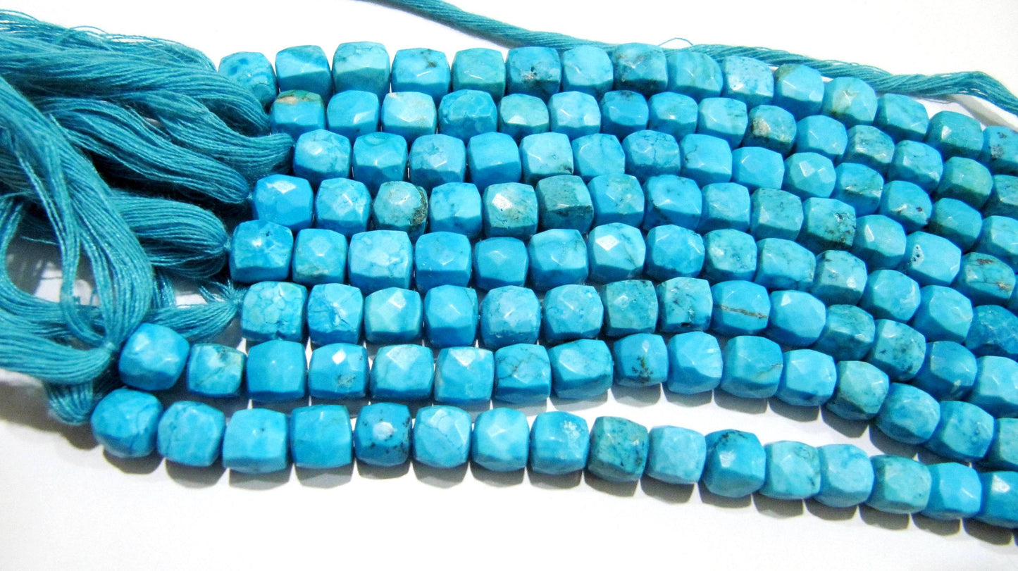 Natural Turquoise Box Cube Shape Briolette 6-7mm Beads Strand 8 inch long Magnesite Gemstone Very Good Quality beads Wholesale Prices