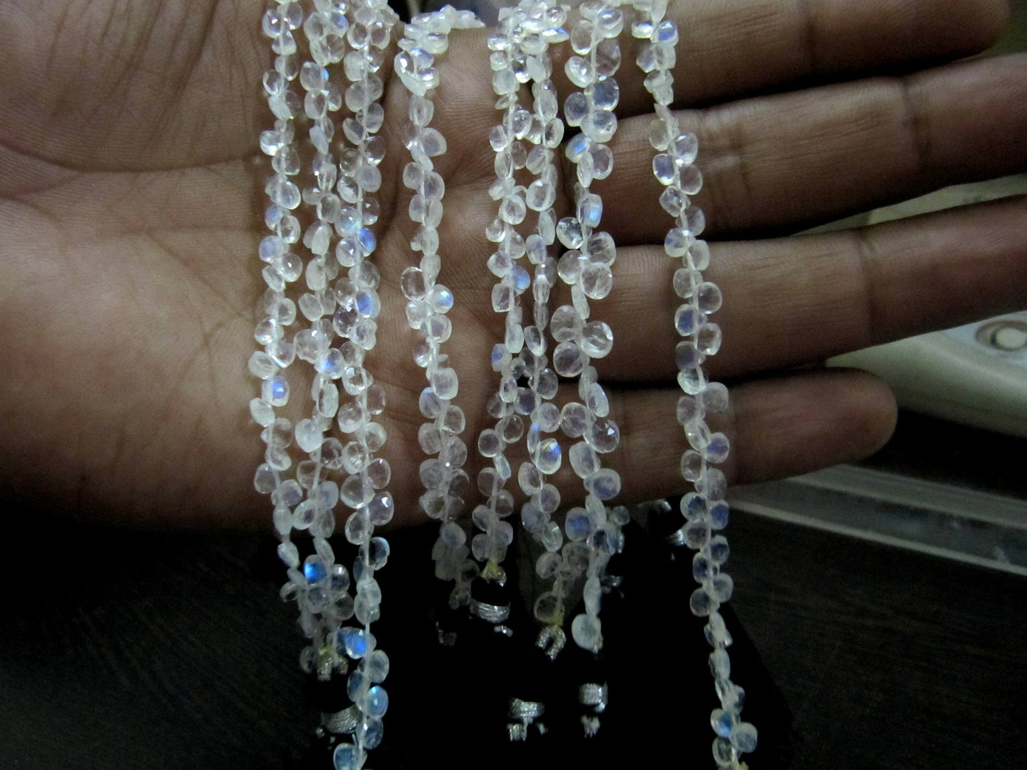 Natural White Rainbow Moonstone 4 to 8mm Heart shape Briolette Beads Strand 8 inches long High Quality Blue Flashy Beads Wholesale Prices