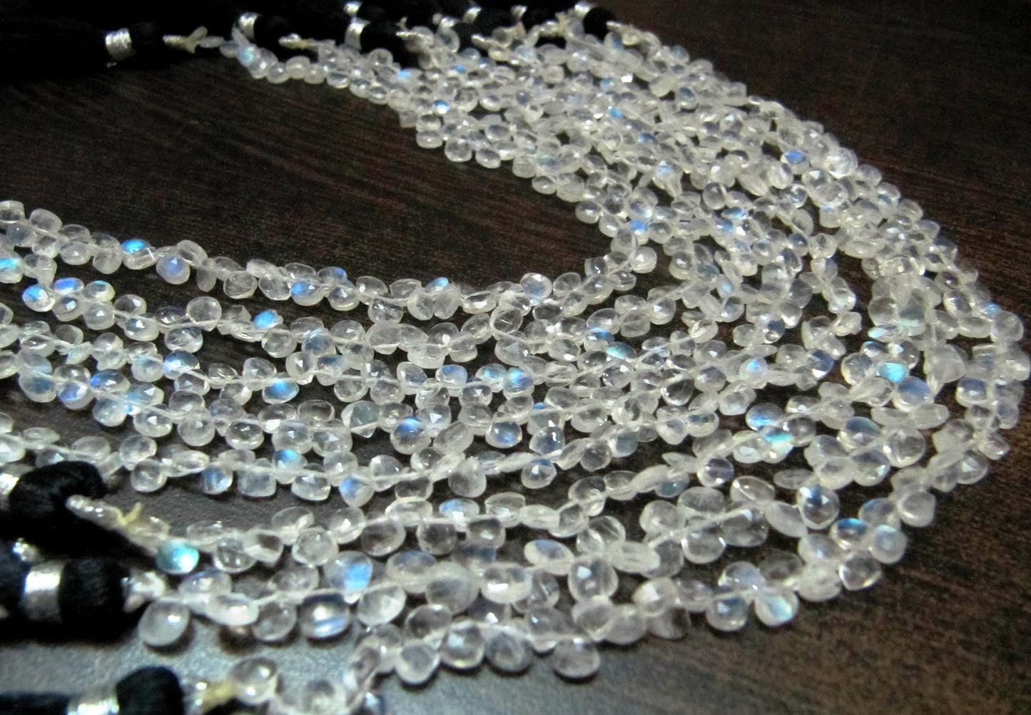 Natural White Rainbow Moonstone 4 to 8mm Heart shape Briolette Beads Strand 8 inches long High Quality Blue Flashy Beads Wholesale Prices