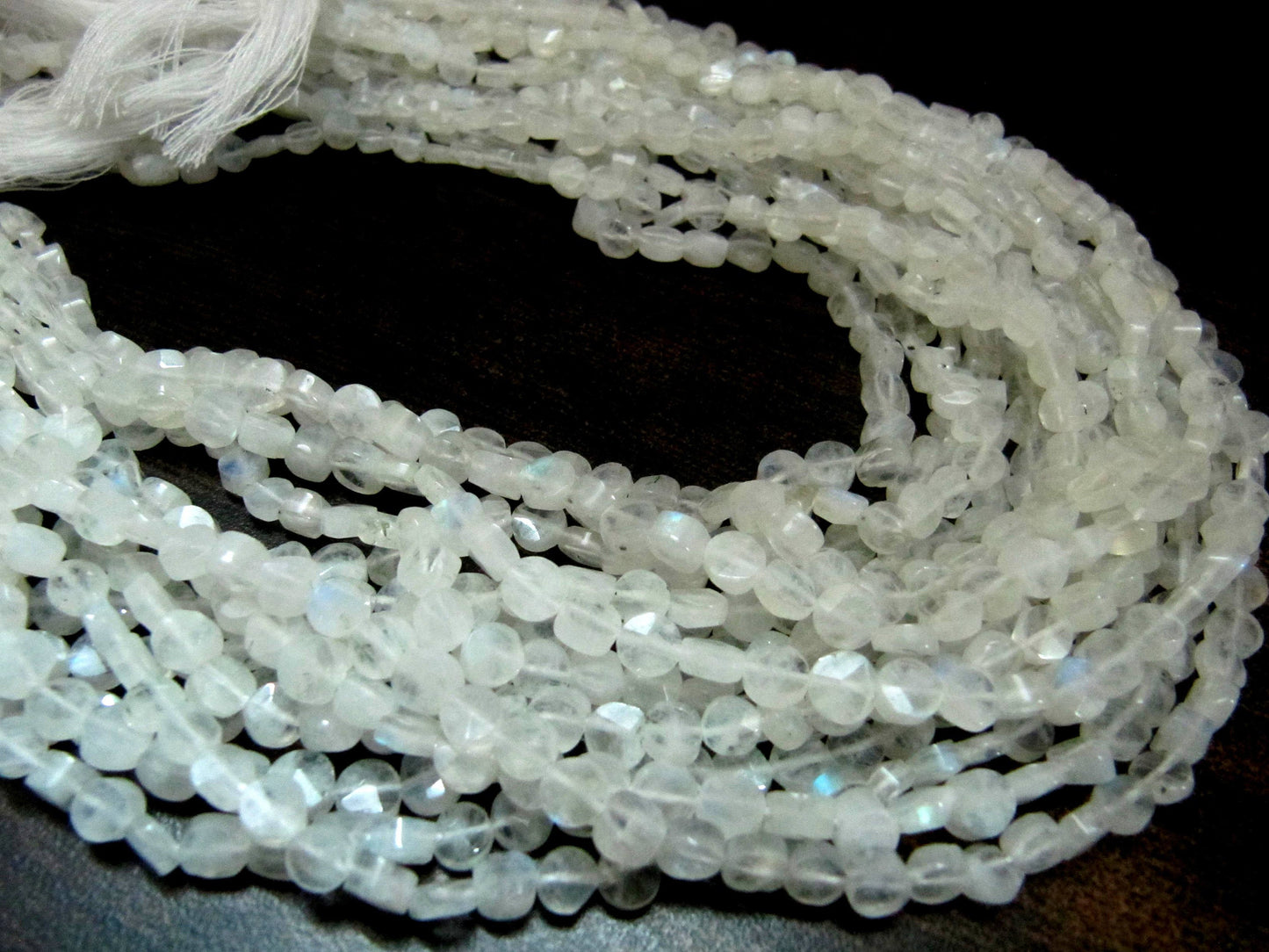 Natural White Rainbow Moonstone Coin shape Briolette Faceted Beads 5-6mm Strand 14 inch long High Quality Blue Flashy Beads Wholesale Prices