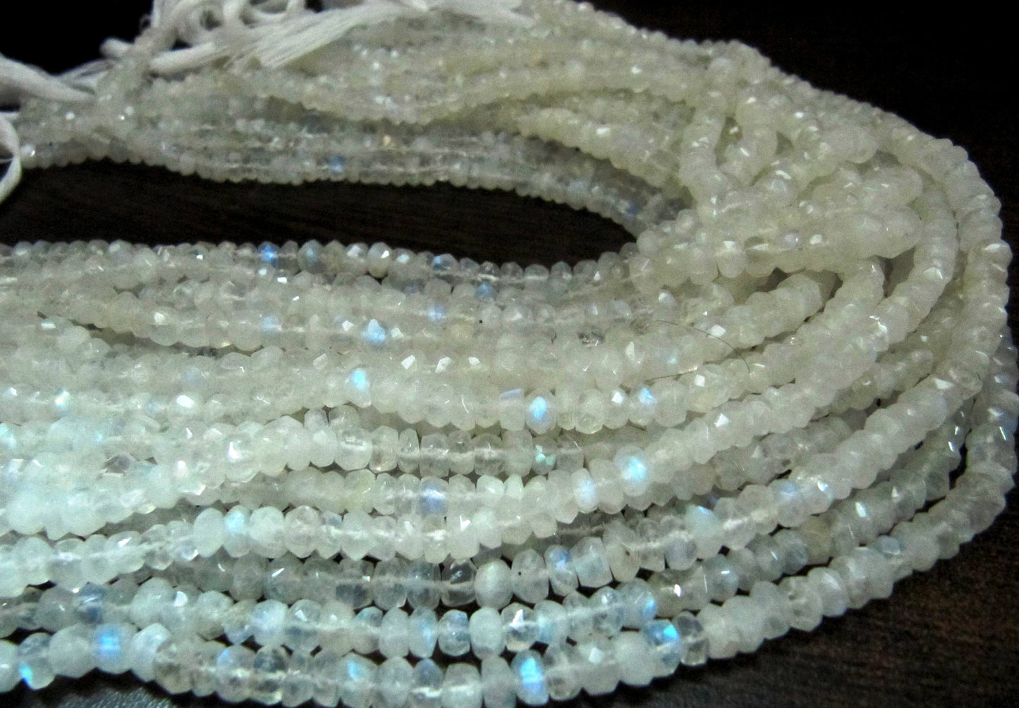 Natural white Rainbow Moonstone Rondelle Faceted Beads 5 to 6mm Strand 8 inches long High Quality Blue Flashy Beads Wholesale Prices