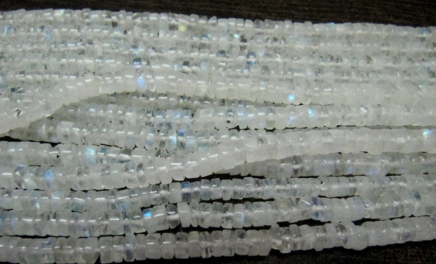 Natural White Rainbow Moonstone Tyre Shape Beads 3 to 5mm Strand 13 inches long High Quality Blue Flashy Beads Wholesale Prices