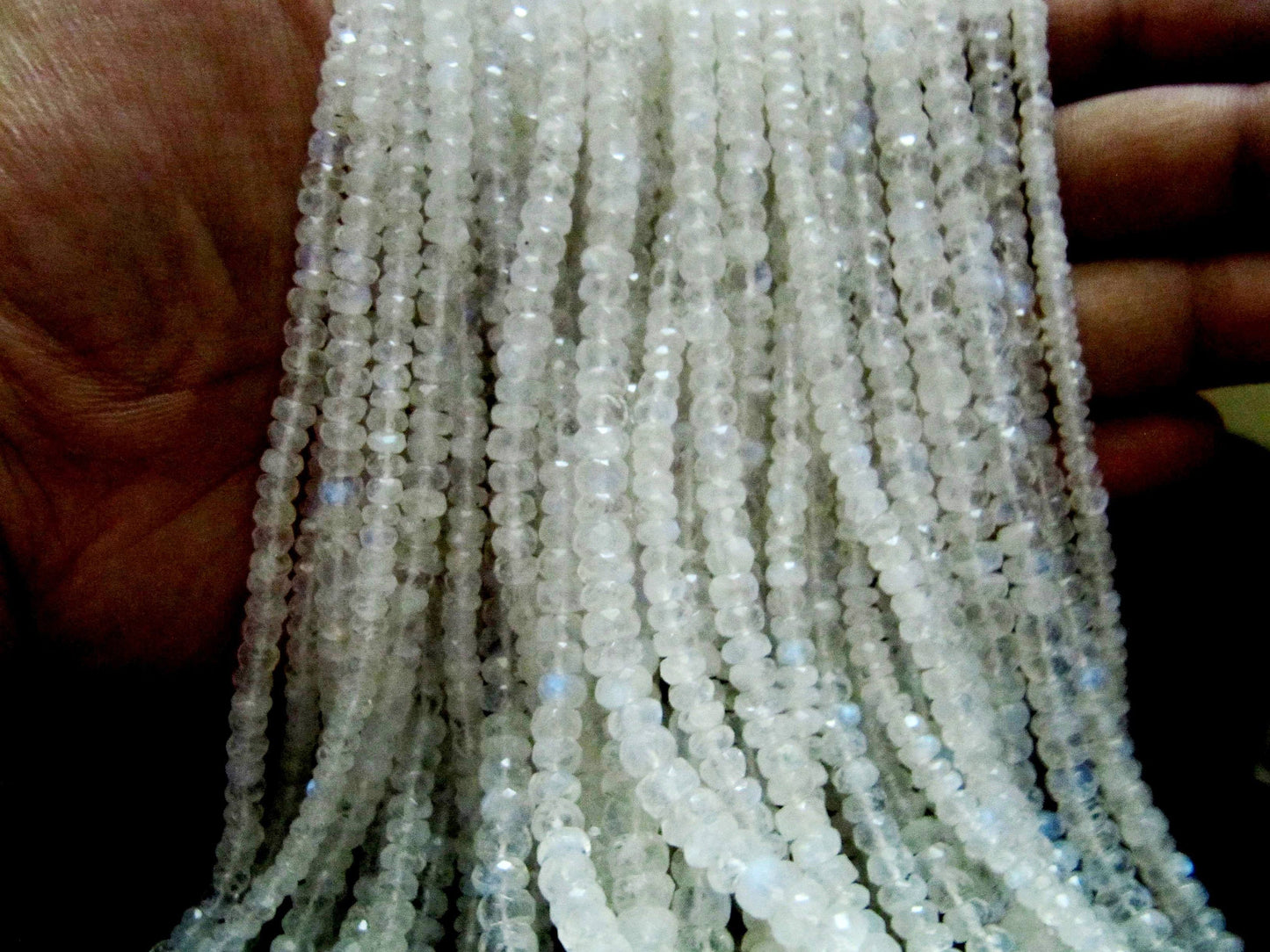 Natural White Rainbow Moonstone Rondelle Faceted Beads 3 to 6mm Strand 13 inches long Best Quality Blue Flashy Beads Wholesale Prices