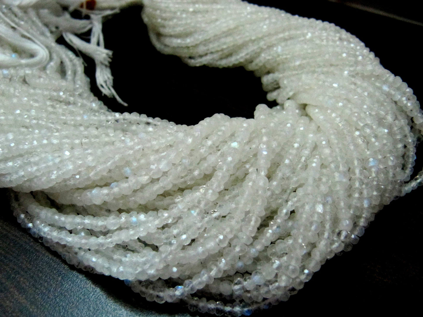 Natural White Rainbow Moonstone Rondelle Faceted Beads 3 to 6mm Strand 13 inches long Best Quality Blue Flashy Beads Wholesale Prices