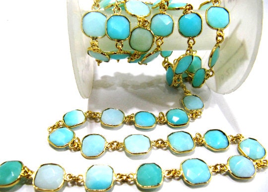 Natural Peruvian Blue Opal Cushion Shape Size 9 to13mm Briolette Faceted Bezel Connector Chain Sold Per Foot High Quality Wholesale Prices