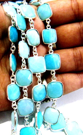 Natural Peruvian Blue Opal Cushion Shape Size 9 to13mm Briolette Faceted Bezel Connector Chain Sold Per Foot High Quality Wholesale Prices