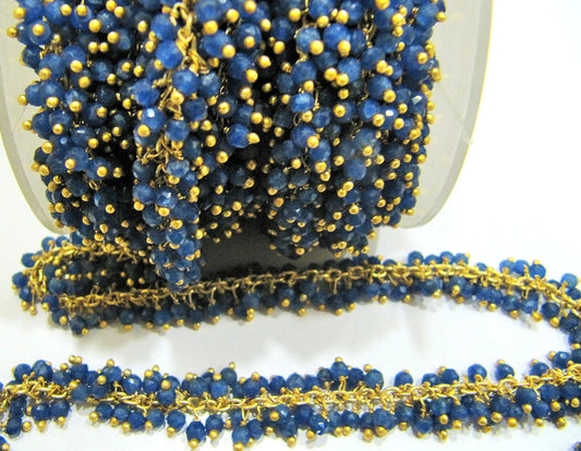 Blue Sapphire Rondelle Faceted Cluster Grape Rosary Chain Size 3mm Wire Wrap Dangling Beaded Gold Plated Sold Per Foot Wholesale Prices