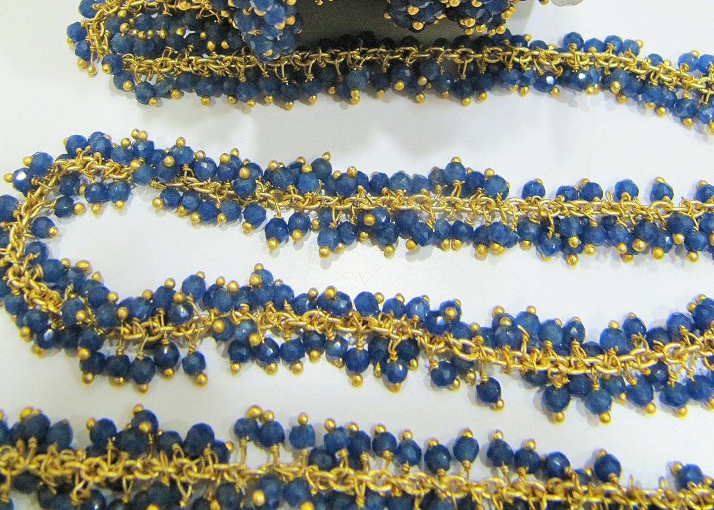 Blue Sapphire Rondelle Faceted Cluster Grape Rosary Chain Size 3mm Wire Wrap Dangling Beaded Gold Plated Sold Per Foot Wholesale Prices