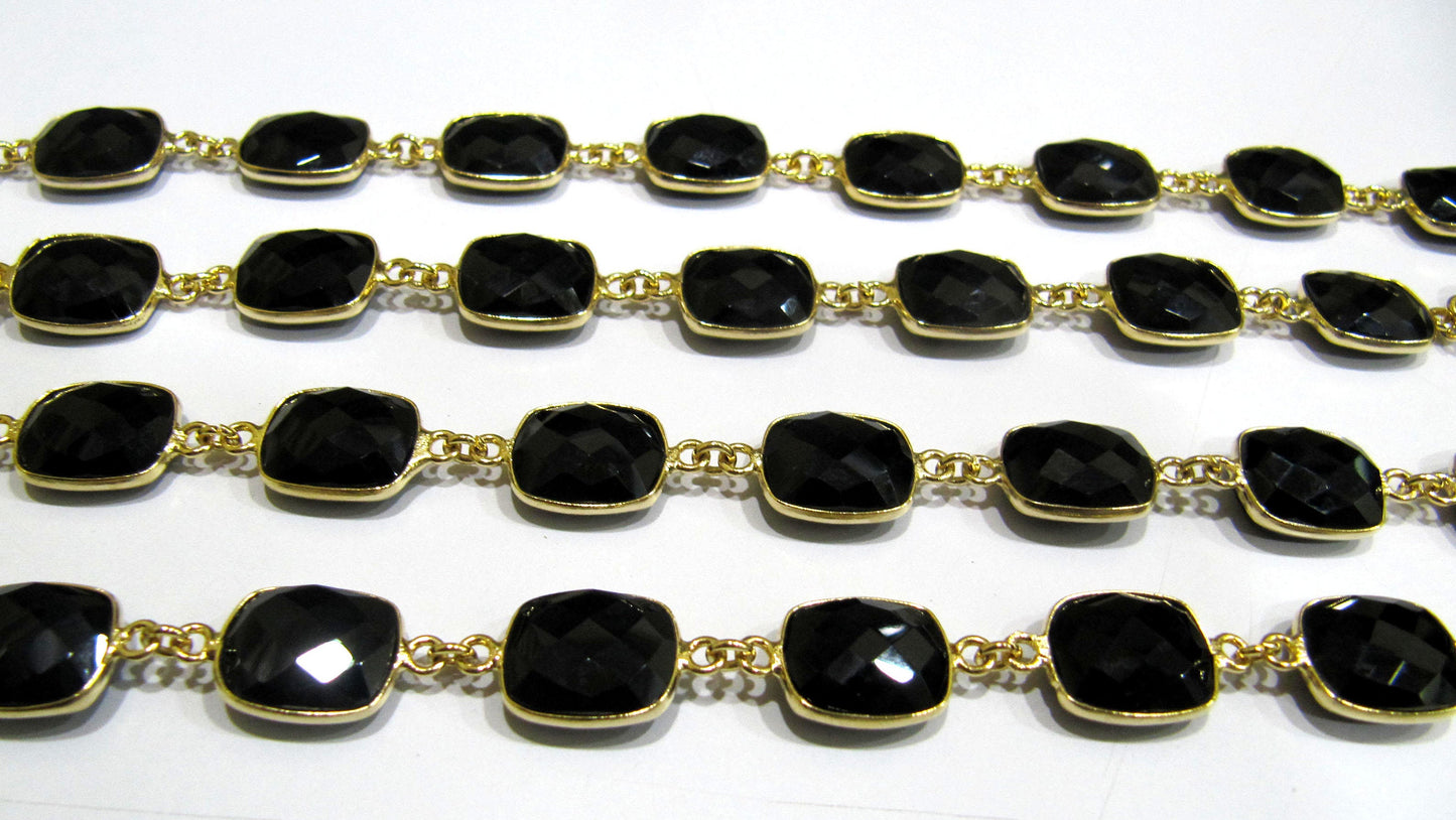 Natural Black Spinel Cushion Shape Size 11x13mm Briolette Faceted Rectangle Bezel Connector Chain Sold Per Foot High Quality Wholesale Price