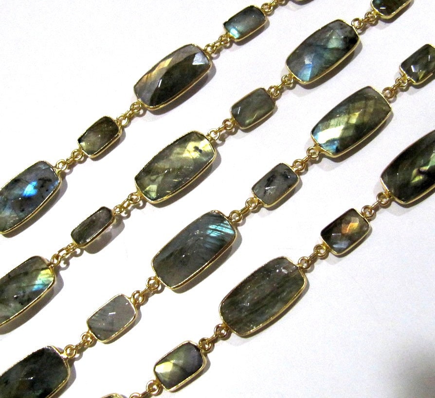 Natural Labradorite Rectangle Shape Briolette Faceted Alternet Bezel Connector Chain Sold Per Foot High Quality Wholesale Prices