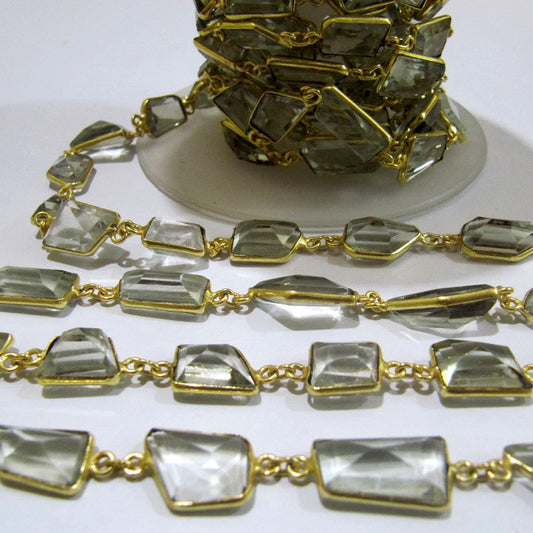 Natural Green Amethyst Free Shape Laser Cut 10-12 mm Connector Bezel Chain Gold Sold Per Foot High Quality Wholesale Prices Jewelry chain