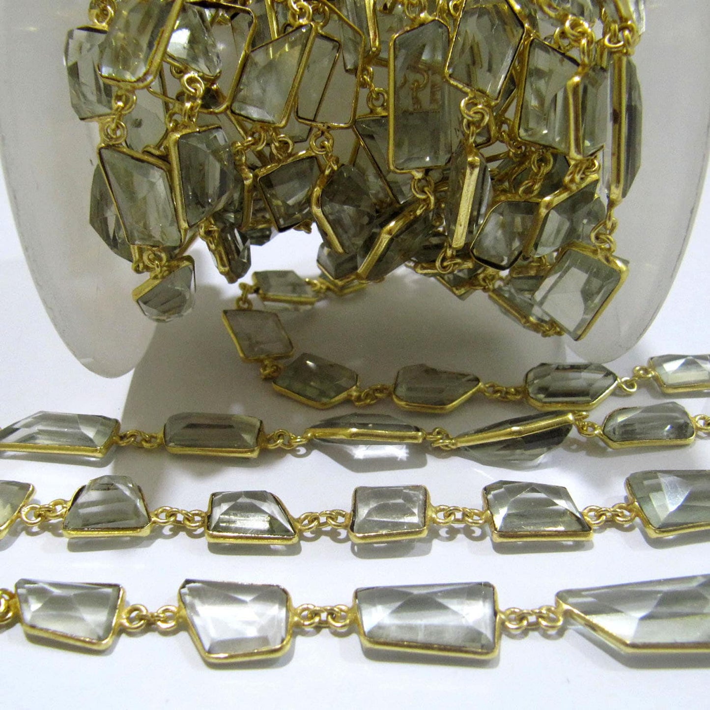 Natural Green Amethyst Free Shape Laser Cut 10-12 mm Connector Bezel Chain Gold Sold Per Foot High Quality Wholesale Prices Jewelry chain