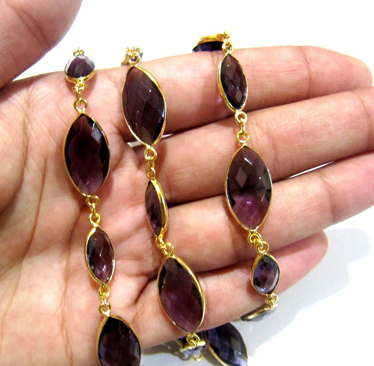 Amethyst Marquise Shape Laser Cut Briolette Connector Chain Gold Plated Sold Per Foot High Quality Wholesale Prices Jewelry chain