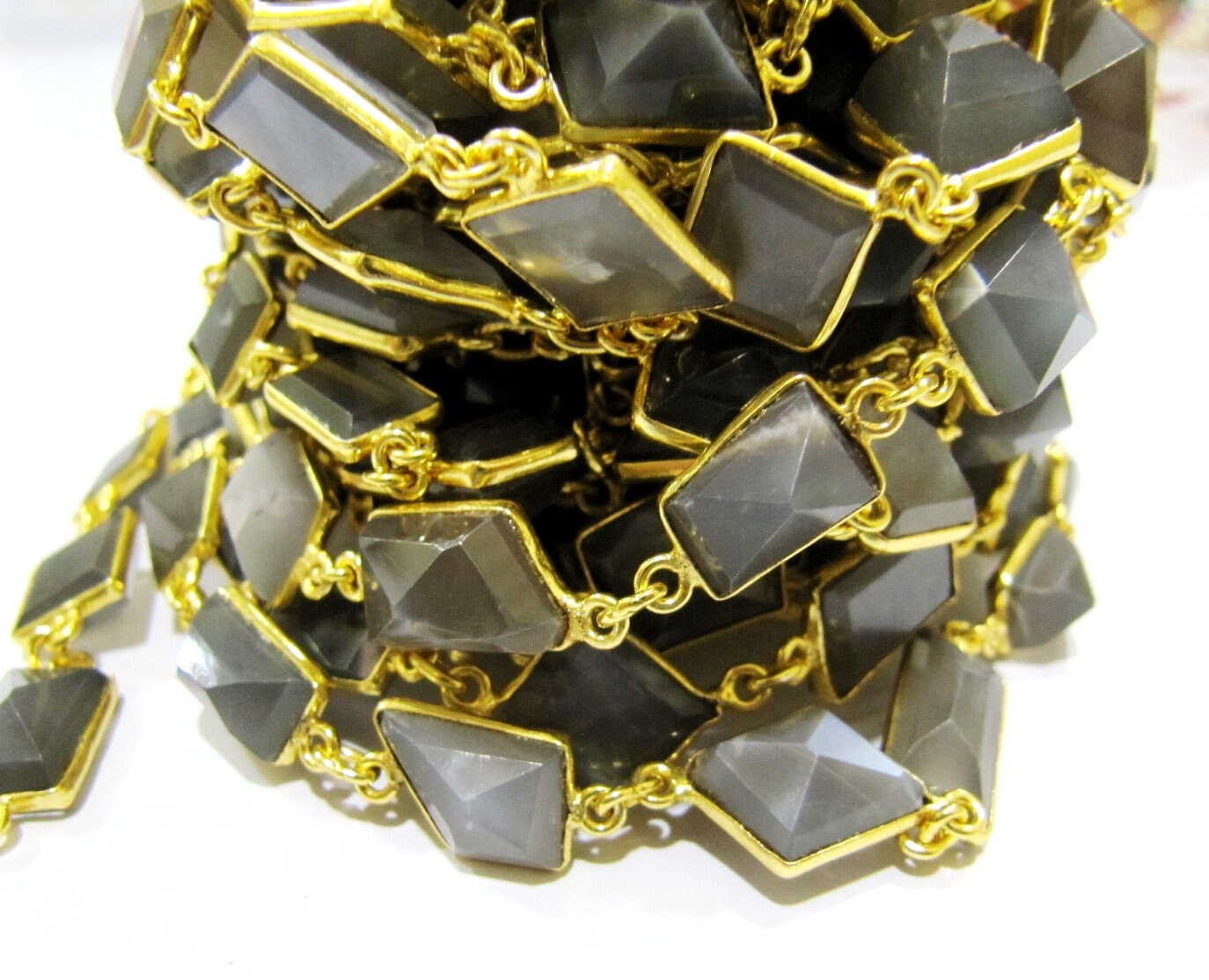 Natural Grey Moonstone Free Shape Laser Cut 10-12 mm Connector Link Chain Sold Per Foot High Quality Bezel Handmade chain