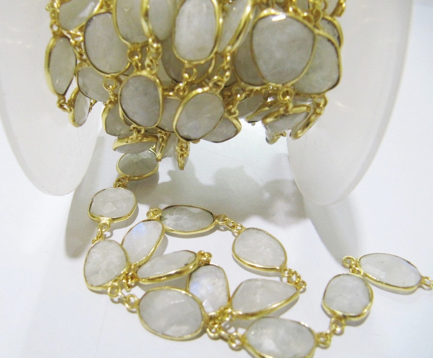 Natural White Rainbow Moonstone Uneven Shape Briolette Connector Chain 10 to 15mm Sold Per Foot Blue Flashy Gemstone Handmade Bezel Chain