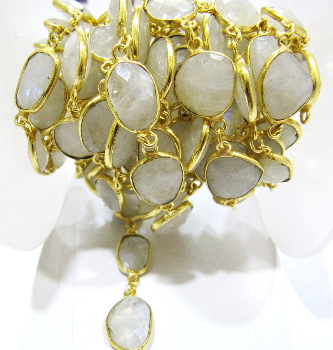 Natural White Rainbow Moonstone Uneven Shape Briolette Connector Chain 10 to 15mm Sold Per Foot Blue Flashy Gemstone Handmade Bezel Chain
