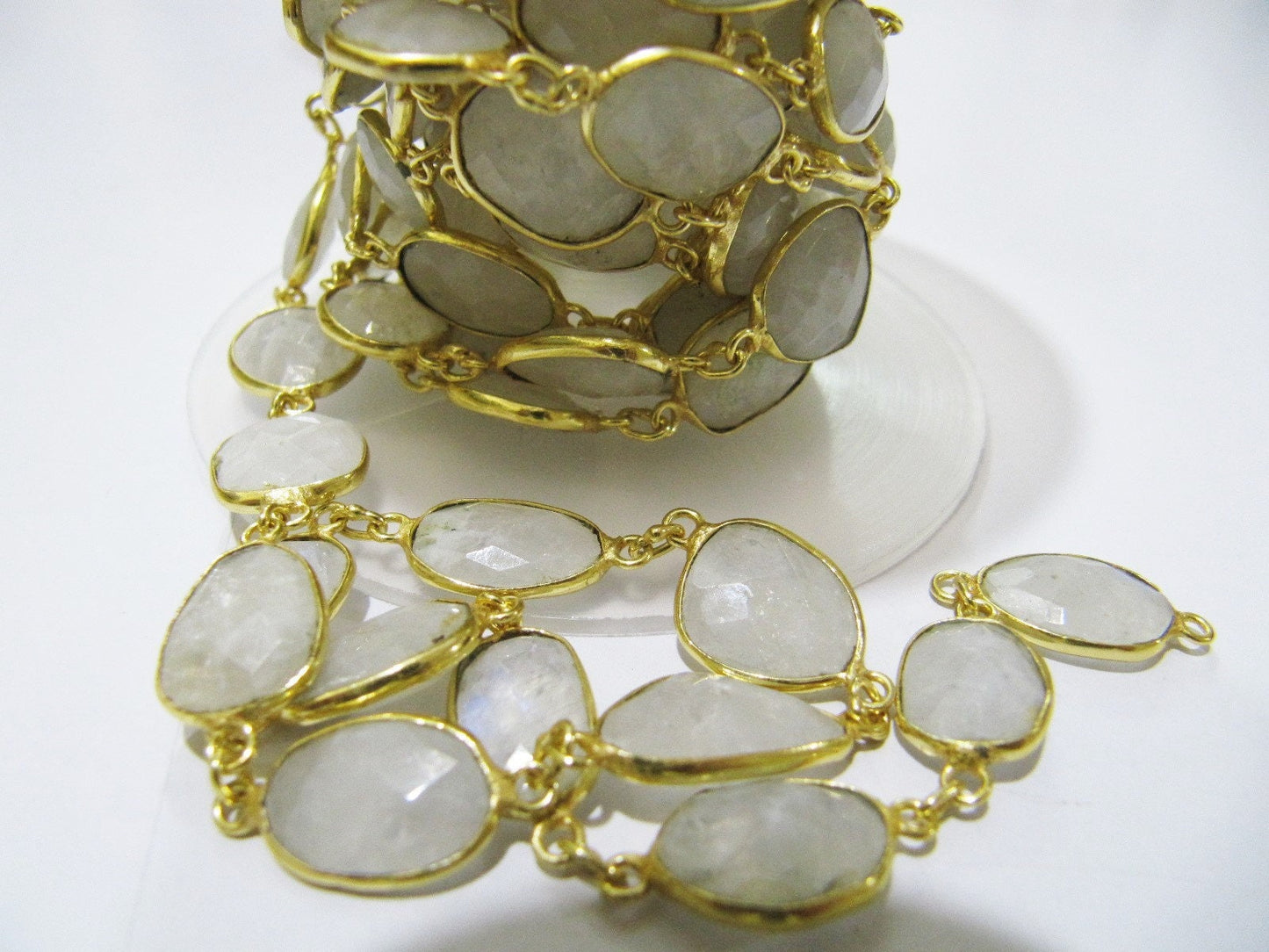 Natural White Rainbow Moonstone Uneven Shape Briolette Connector Chain 10 to 15mm Sold Per Foot Blue Flashy Gemstone Handmade Bezel Chain